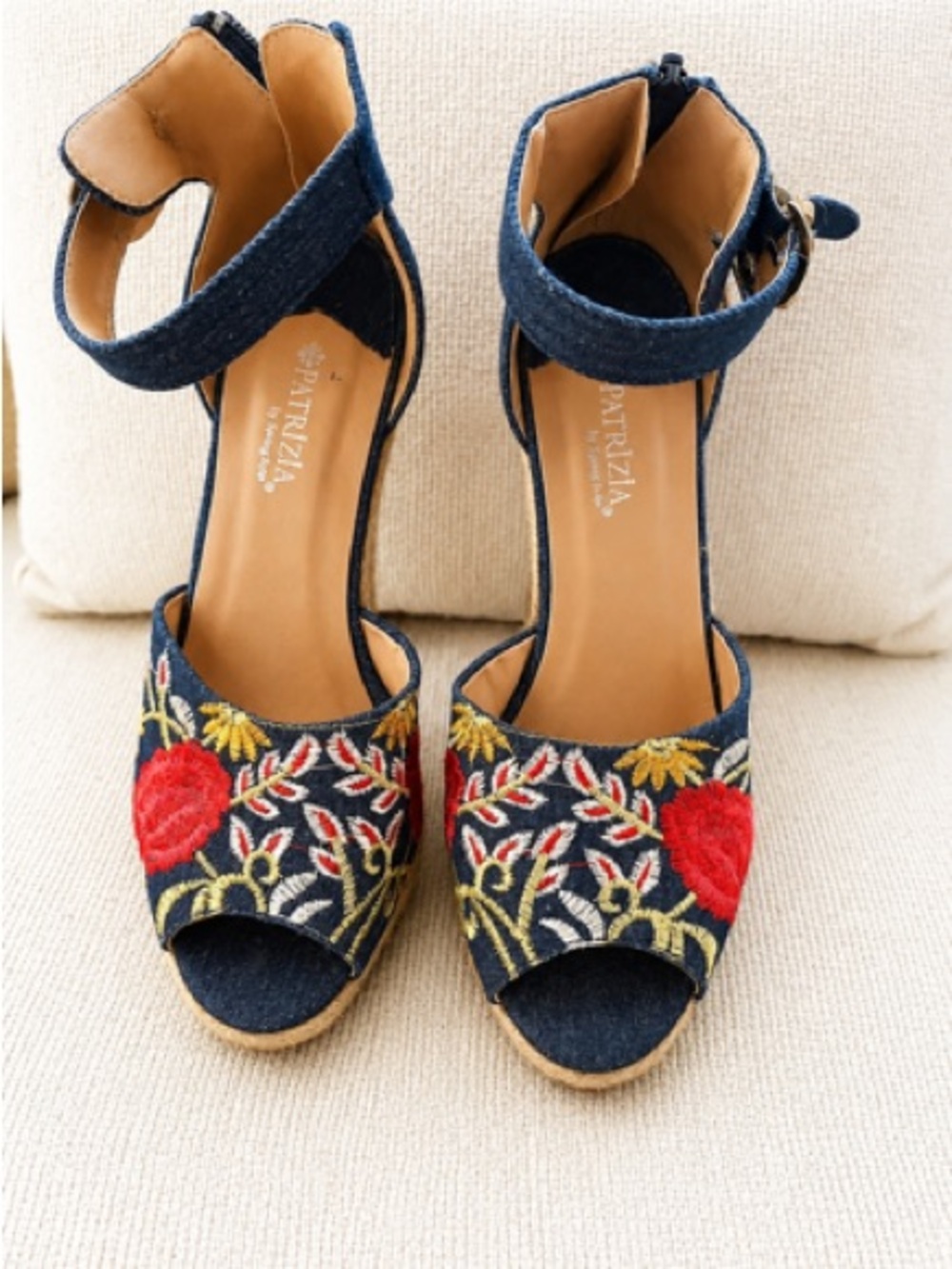 Patrizia Black Embroidered Wedge Sandals with Red Floral Detail